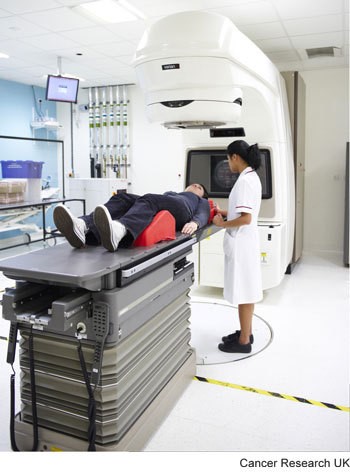 Photograph of a radiotherapy machine which is used to give external radiotherapy.