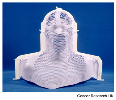 Photograph of a mesh plastic mask used for radiotherapy for cancer of the head and neck and brain